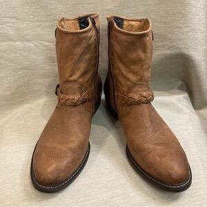 PAUL GREEN Sz 8.5 Distressed  Braided Buckle Zipper Closure Leather Boots